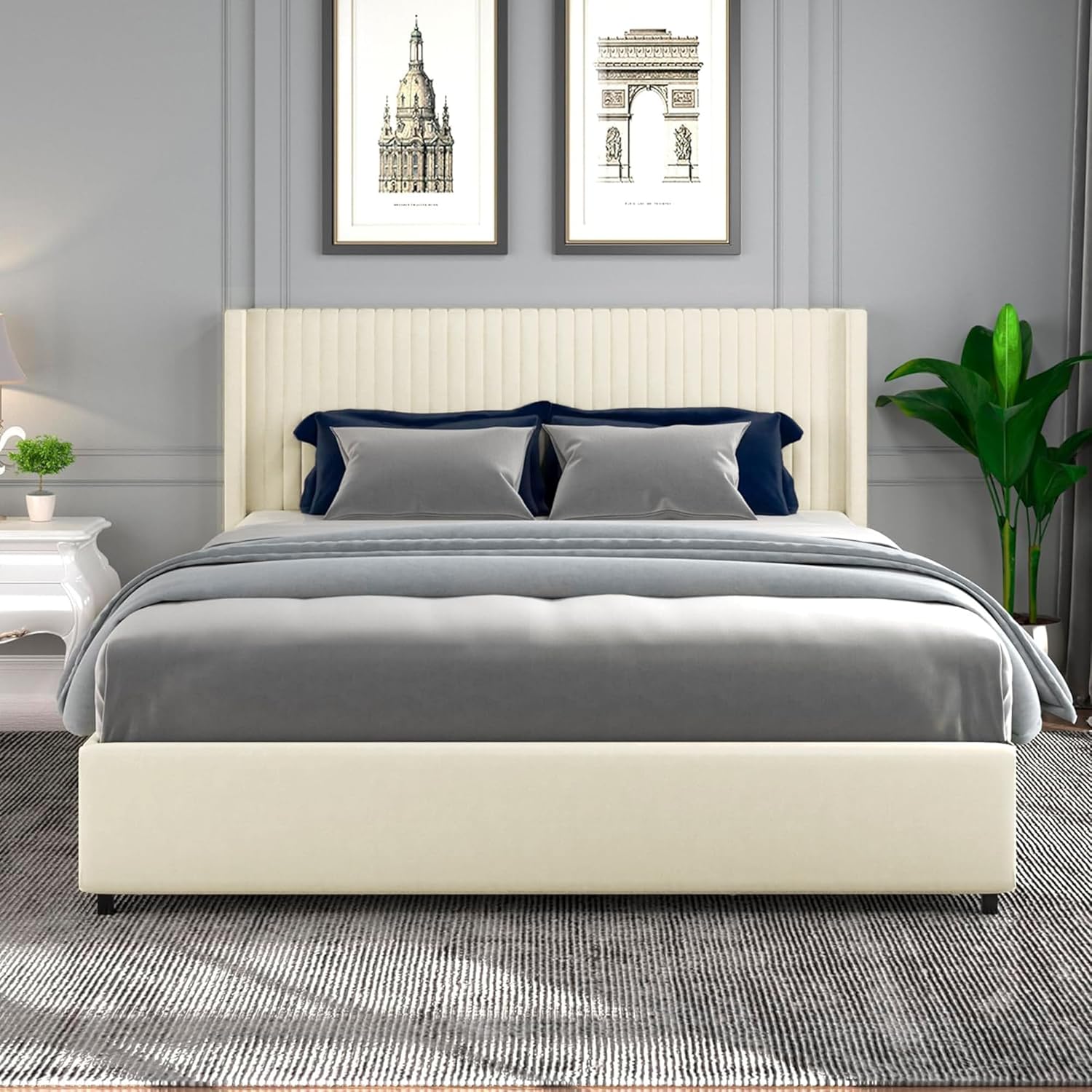 Dolonm Queen Size Upholstered Bed Frame, Platform Bed with Patented 4 Drawers Storage and Headboard, Button Tufted and Wingback Design, Mattress Foundation with Wooden Slats Support, Ivory Velvet