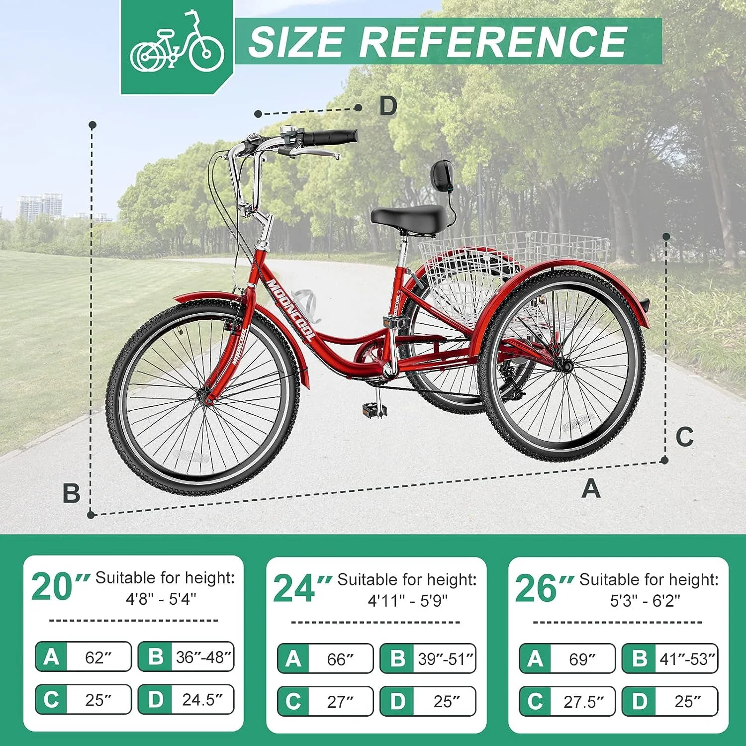 FICISOG 26 Adult Tricycle, 3 Wheel 7 Speed Bikes,450lbs Capacity Cruise Trike with Shopping Basket