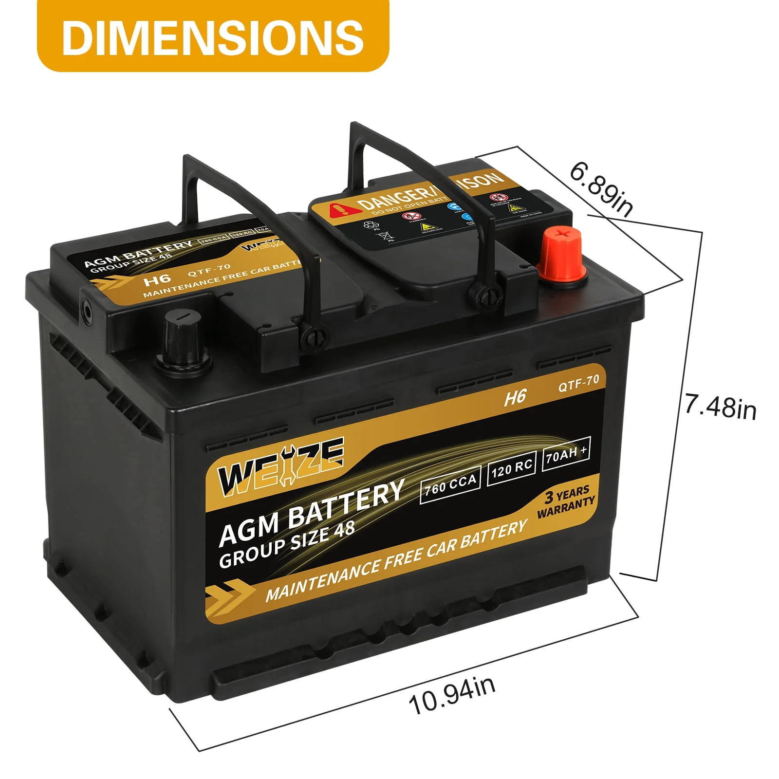 Weize Platinum AGM Automotive Battery,  Group 94R H7 Battery- 12v 80ah 140RC 850CCA, 36 Months Warranty