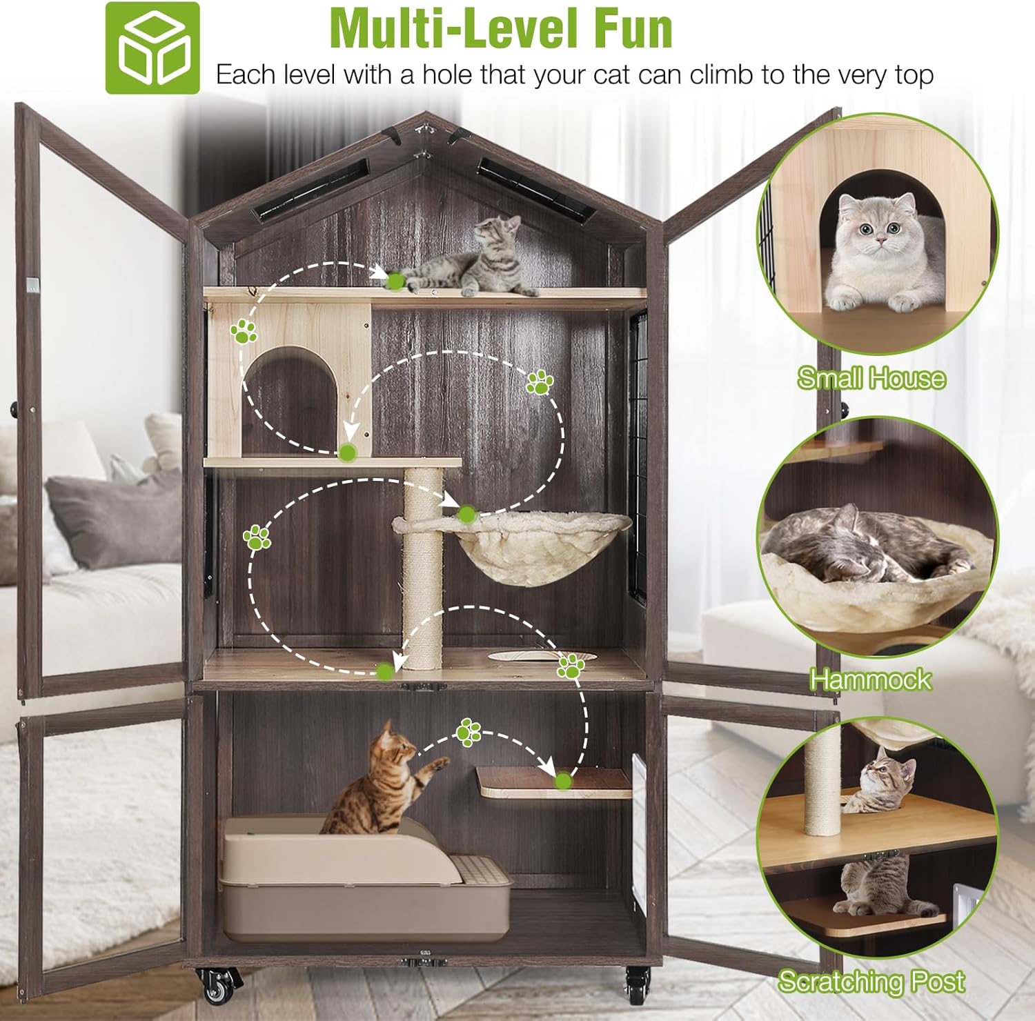 Catio Outdoor Cat Enclosure Wooden Large Cat House with Waterproof Roof, 7 Platforms and 2 Resting Box, Kitty Kennel Condo Shelter for Multiple Cats Walk in Cat Cage, Compatible with Cat Tunnel