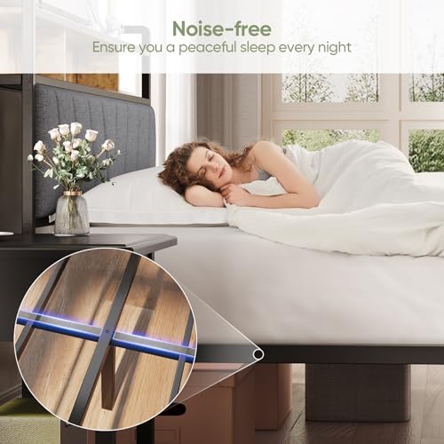 Full Bed Frames, Metal Bed Frames with Charging Station, LED Lights Bed Frames with Upholstered Storage Headboard, Sturdy and Noise-free, Storage Space under Bed, No Box Spring Needed, Brown