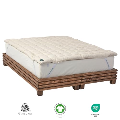 Organic Merino Wool Pillow Top Mattress Topper - 2", Handmade, Non-Toxic, Naturally Cooling Mattress Pad for Back Pain, Hypoallergenic, GOTS-Certified, Sustainable Bedding Solution (Queen)