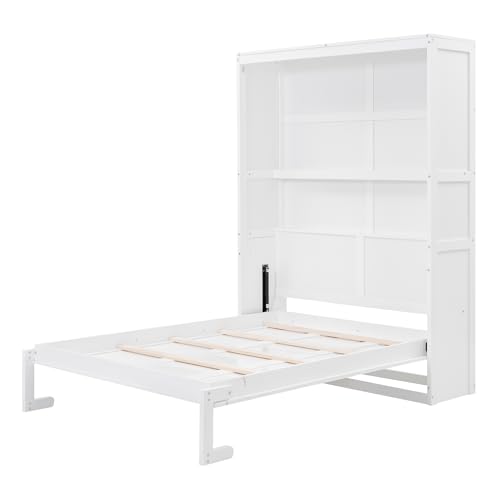 Queen Murphy Bed Folded to Wall Wooden Cabinet Bed with Cushion, Hidden Bed Folding Wall Bed for Guest Bedroom, Space Saving Design & Easy Assembly (White)