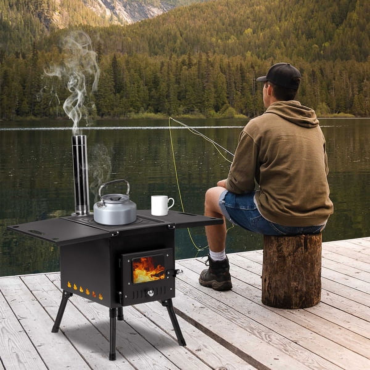 SYTHERS Outdoor Wood Burning Stove with Chimney Pipes, Camp Wood Stove for Outdoor Heating & Cooking, Ice Fishing, Hunting, Black