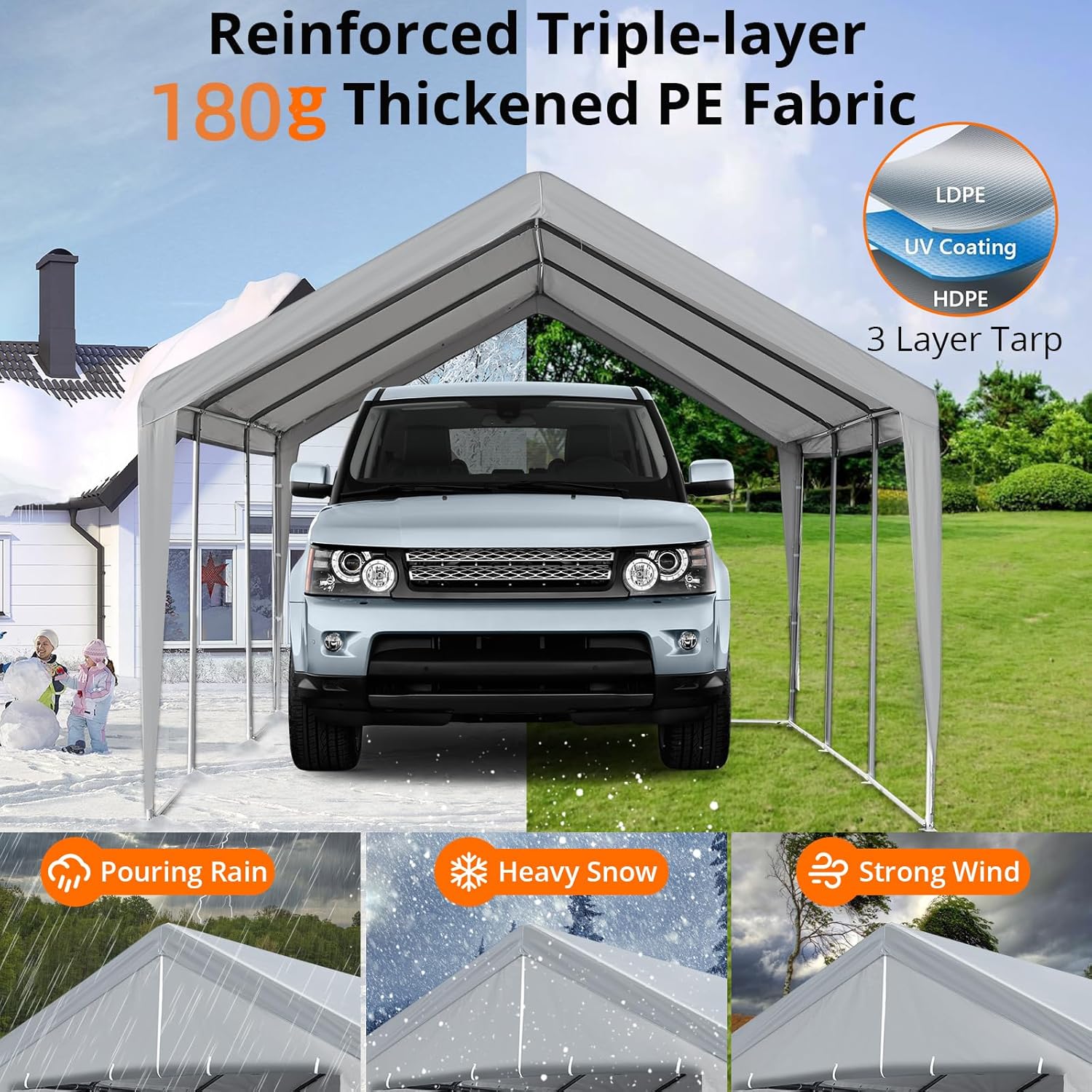 Carport 10×20 FT Portable Garage, Heavy Duty Car Port Canopy with Roll-up Doors & Ventilated Windows, Galvanized Steel Frame, Boat Shelter Tent Waterproof All-Season Tarp for Pickup Truck, Grey
