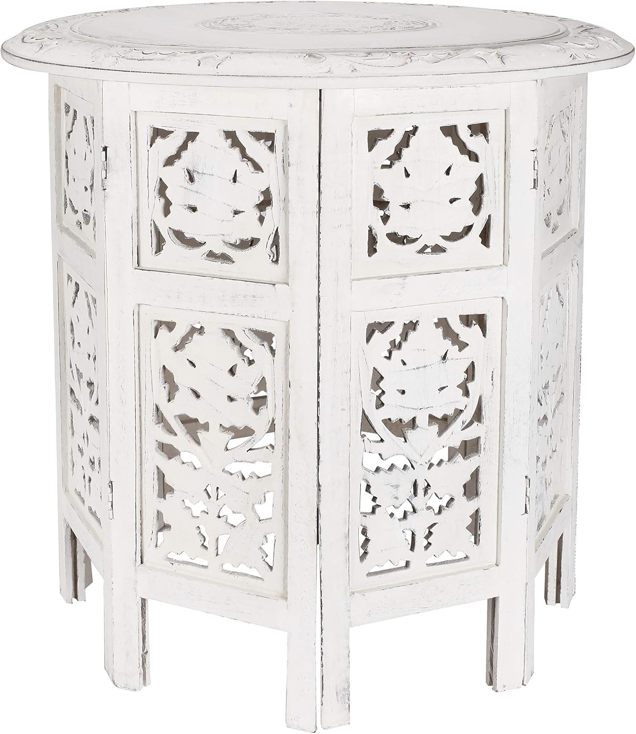Solid Wood Hand Carved Accent Table, Side Table, entryway Table, Wooden end Table, Bedside Table, Octagonal Wooden Table - 18 Inch Round Top x 18 Inch High - Antique White