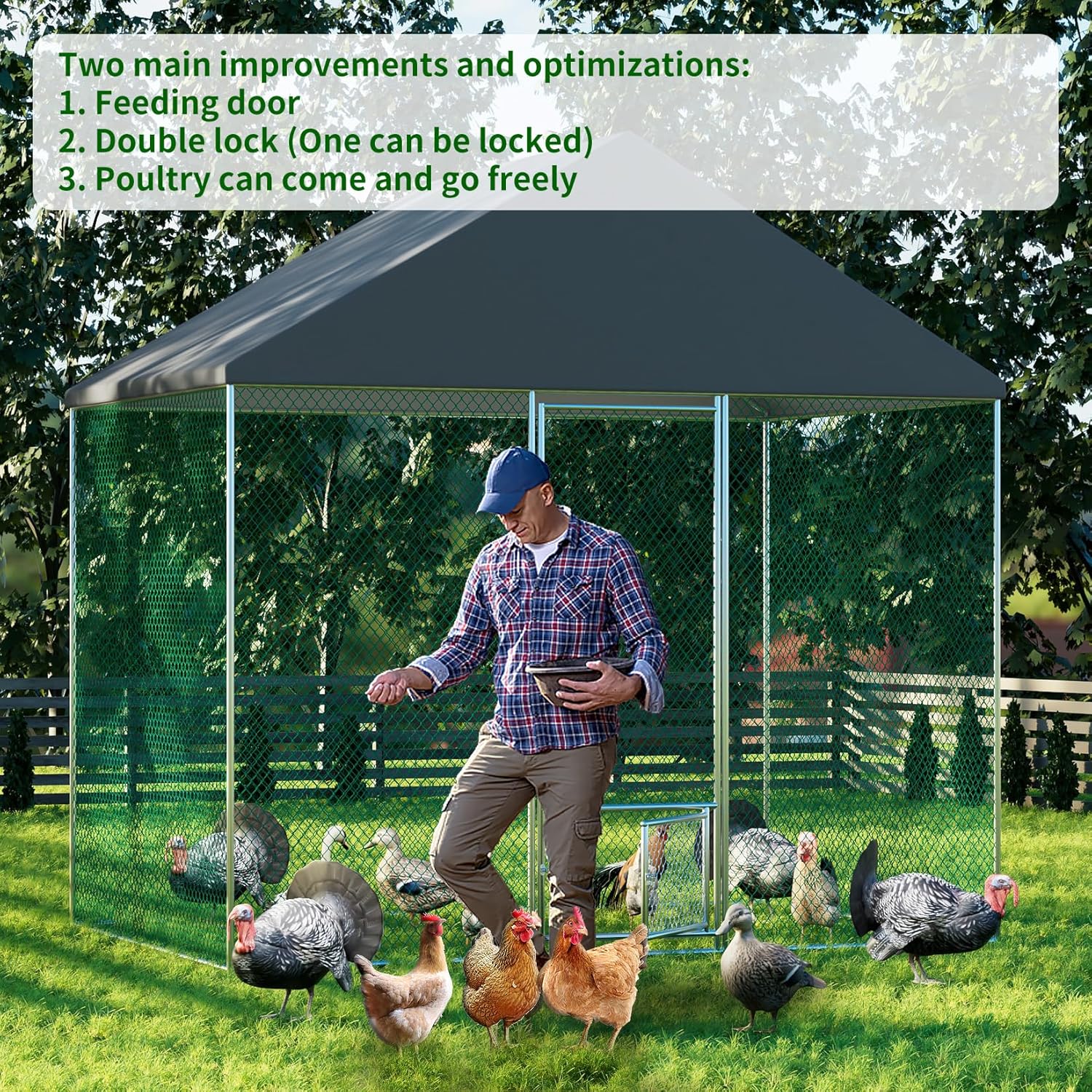 Large Chicken Coop Run Outdoor: Walk-in Poultry Hen Cage Run House with Small Feeding Door and Stakes - 9Ft Extra Tall Full Covered Chickens Habitat Crate Fence with Waterproof Anti-Ultraviolet Cover