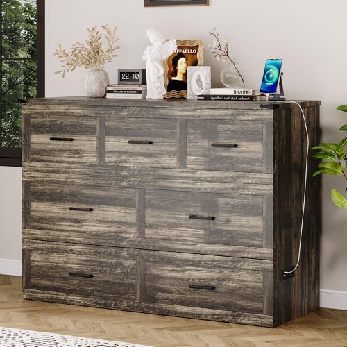 Bellemave Queen Murphy Bed, Cabinet Bed with Charging Station and Storage, Farmhouse Murphy Cabinet with Foldable Panel, Noisy Free, for Guest Bedroom, Living Room, Office, Rustic Gray
