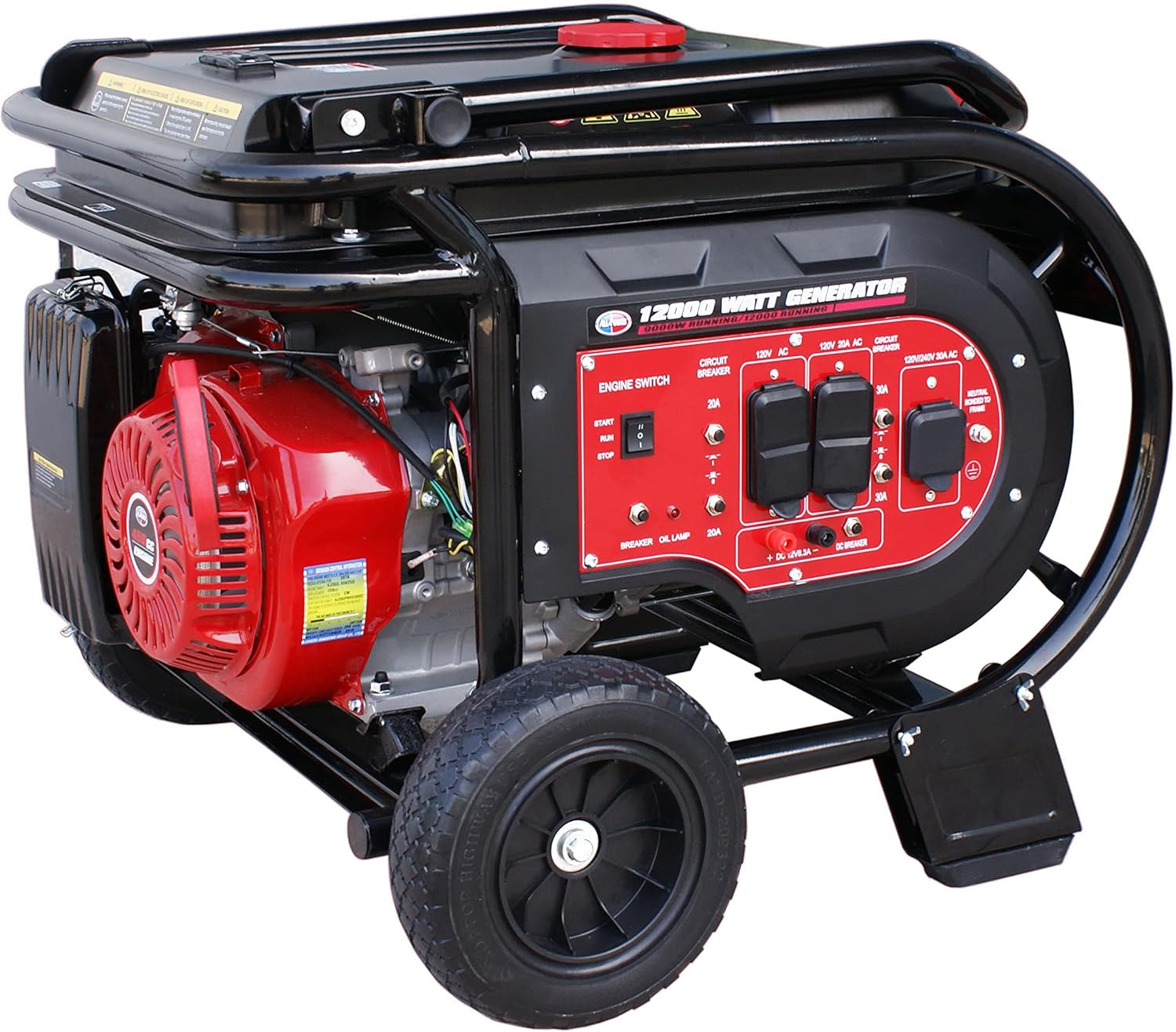 All Power America G12000EGL 12000 Watt Heavy Duty Dual Fuel Portable Generator with Electric Start 12000W Gas/Propane(LPG) with 50A 120/240V AC Outlet, Black/Red