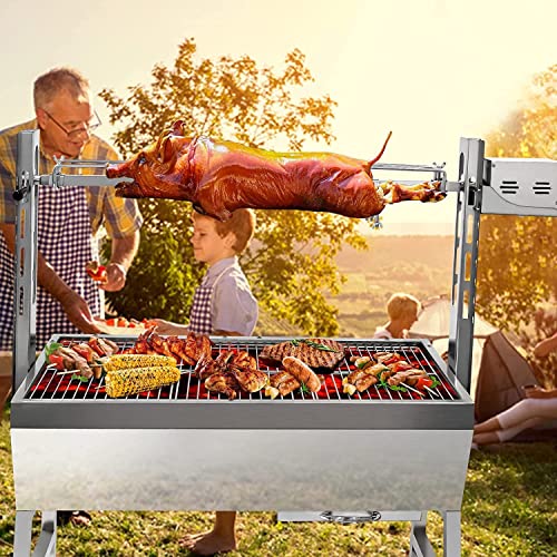 66LBS stainless steel rotisserie grill, 25w motor small pig lamb rotisserie roaster, 37 inch bbq charcoal rotisserie roaster grill for camping outdoor kitchen (without baffle(without backsplash))