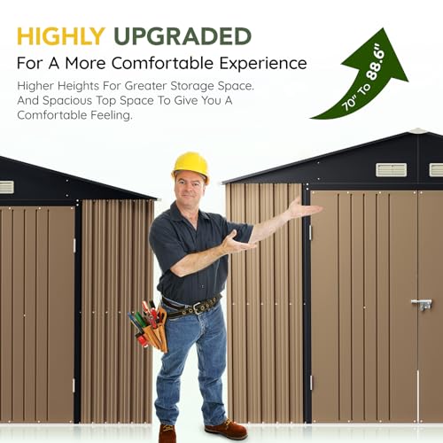 Outdoor Storage Shed 10 x 12ft. Utility Tool Shed Metal Storage Garden Shed with Lockable Doors, Windows & Metal Frame Floor for Patio Storage,Brown