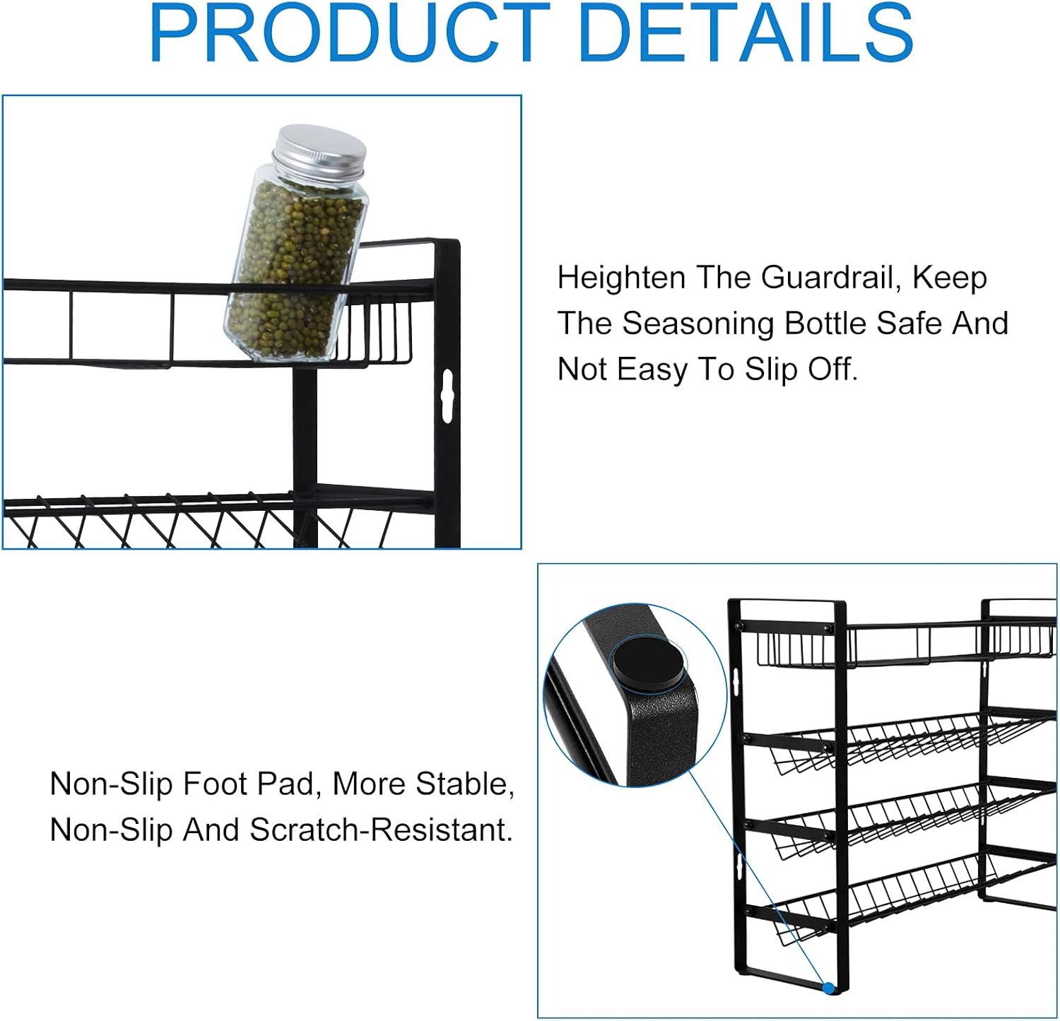 Spice Rack Organizer for Cabinet, Seasoning Organizer, Spice Organizer for Pantry, Spice Rack Wall Mount, 4 Tier Kitchen Countertop Storage Rack with Hooks, Amtiw Without Jars Detachable Spice Rack