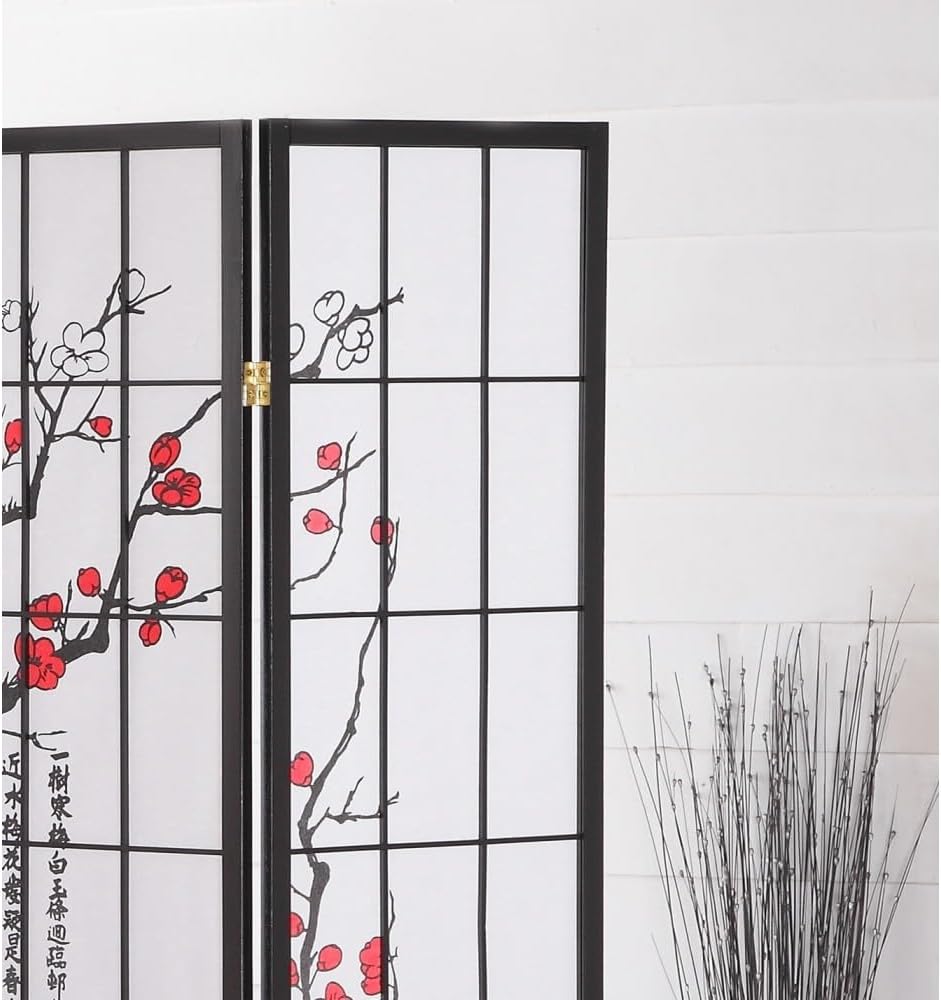 Japanese Style 4-Panel Screen Room Divider, Folding Shoji Screen Room Partition with Plum Blossom Design Portable Divider Freestanding Privacy Partition Screen for Rooms Office Indoor