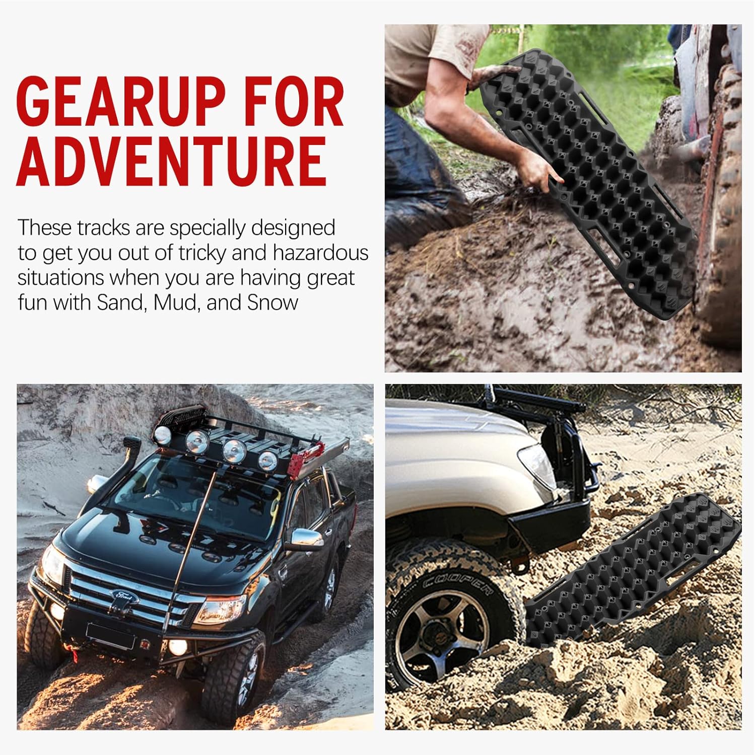 BUNKER INDUST Off-Road Traction Boards, Pair Recovery Tracks Traction Mat for 4WD Jeep Mud, Sand, Snow Traction Pads-Black Emergency Tire Traction Device