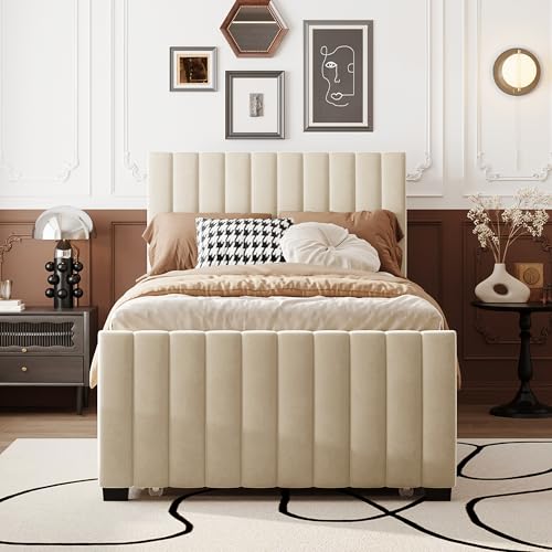 Harper & Bright Designs Platform Bed, Merax Twin Size Velvet Upholstered Bed Frame with Twin Size Trundle for Bedroom, Wood Slat Support, No Box Spring Needed, Easy Assembly, Beige