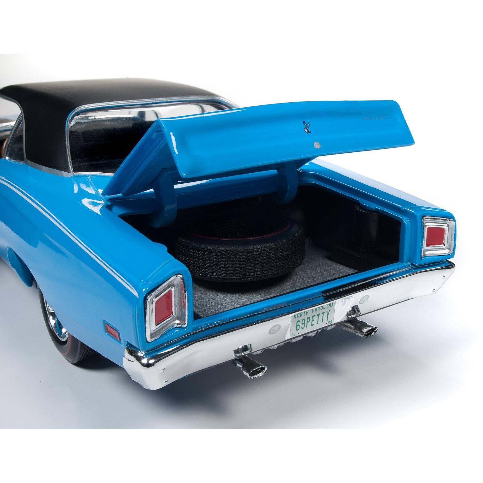 1969 Plymouth Road Runner Hardtop Petty Blue with Black Top and Black Stripes Looney Tunes Class of 1969x22 1/18 Diecast Car by