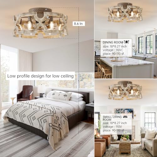 Fandelier Ceiling Fan with Light, Farmhouse Ceiling Fans Lights Caged 18 in Rustic Boho Wood Chandelier Fan Fixtures Vintage Bladeless Ceiling Fan Remote Dining Room 6xE12 Base (White-1)