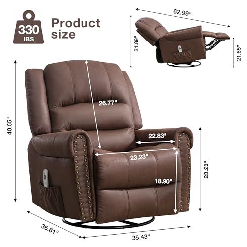 Swivel Rocker Recliner, Leather Recliner Chair with Massage & Heating Function, Manual Recliner Chair with Swivel & Rocking and Reclining, Extra Wide Recliner with Pocket and Nailhead Decor (Brown)