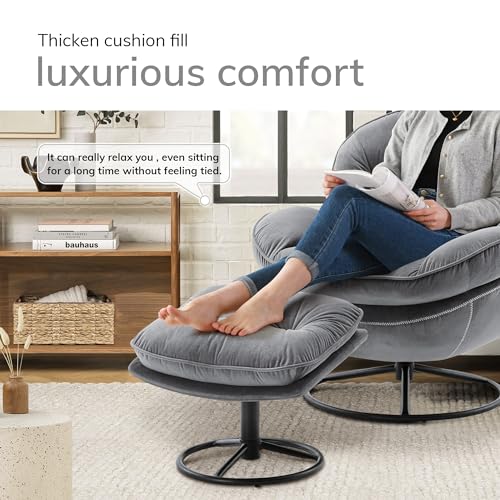 Velvet Swivel Accent Chair with Ottoman Set,Modern Lounge Chair with Footrest, Comfortable 360 Degree Swivel Armchair, Reading Chair for Living Room, Bedroom, Reading Room (gray)