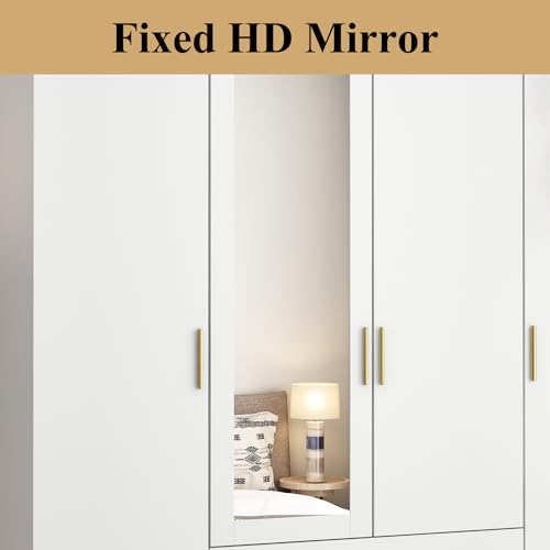 4-Door Armoire Wardrobe Closet with Mirror, 63" L Modern Wooden Bedroom Armoire with 2 Drawers, 2 Hanging Bars & 7 Shelves, Black Brown
