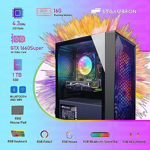 STGAubron Gaming Desktop PC, GeForce RTX 3060 Ti 8G, AMD Ryzen 7 5700X up to 4.6G, 32G DDR4, 1T SSD,WiFi,BT 5.0,RGB Fan x 7,RGB Keyboard&Mouse&Mouse Pad,RGB BT Sound Bar,RGB BT Gaming Mic,W11H64