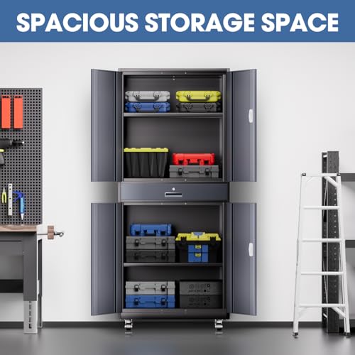 DNA MOTORING 71'' Metal Storage Cabinet, Locking Tool Cabinet with 1 Drawer and Adjustable Shelves, Lockable Heavy Duty Metal Locker for Garage,Office,Home,Gym, Gray, TOOLS-00629-GY-GY-A