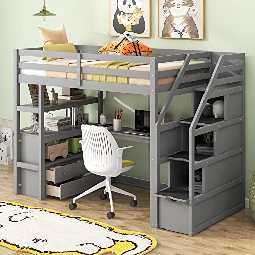 Full Size Loft Bed with Built-in L-Shaped Desk and Bookshelves, Solid Wood Loft Bed Frame with Safety Guardrail and Storage Staircase,Save Bedroom Space for Kids and Teens. (Grey~N)