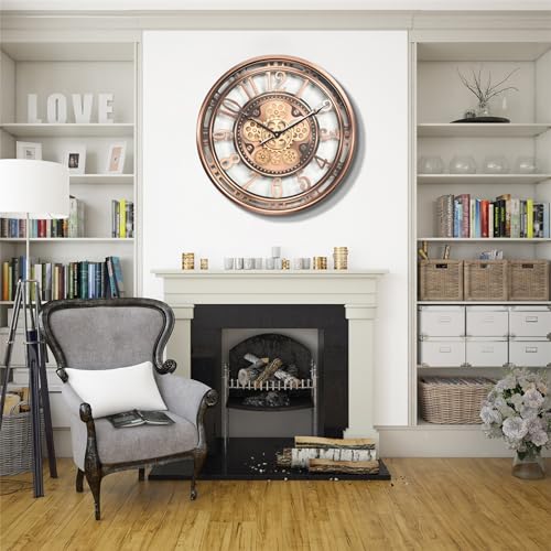 Moving Gear Wall Clock for Modern Farmhouse Living Room Decor,Large Industrial Steampunk Wall Clock,Metal Wall Clock Decorative for Home Office, Dinning Room,Copper (21 Inch)