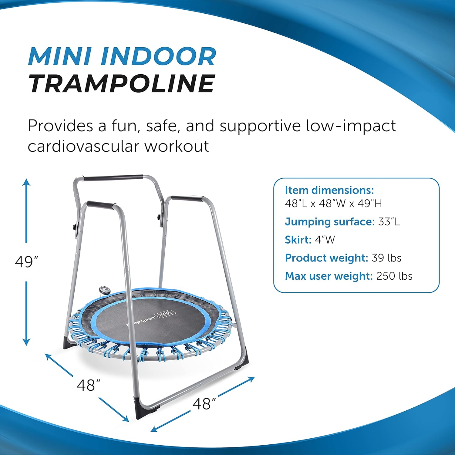 JumpSport Home 125 Fitness Trampoline - Exercise Trampoline with Handlebars - Fitness Rebounder for Home Workout - Up to 250 lbs Weight Capacity