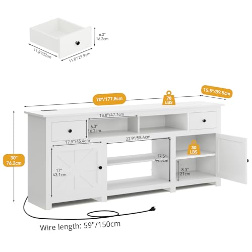 DWVO Farmhouse TV Stand, Entertainment Center with Power Outlet for TVs Up to 80 Inch, TV Console with Movable Partition & Storage Drawer, Rustic TV Stand for Living Room, White