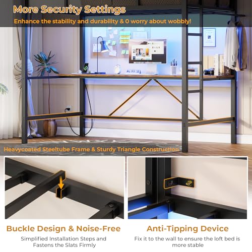 DICTAC Loft Bed with Desk and Led Lights Metal Loft Bed Twin Size with Power Outlet Twin Bed Frame with Top Bunk and Safety Guard & Ladder, Space-Saving,No Noise,No Box Spring Needed, White