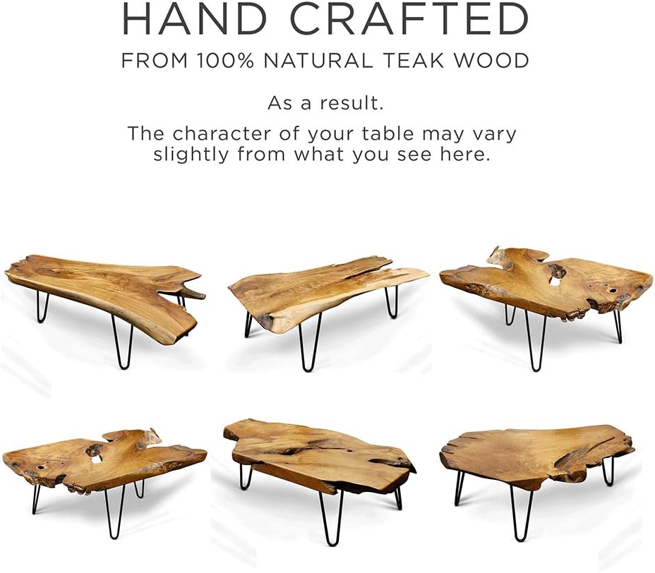 StyleCraft Badang Carving Natural Wood Edge Teak Contemporary Coffee Cocktail Table with Clear Lacquer Finish and Metal Hairpin Legs for Living Room