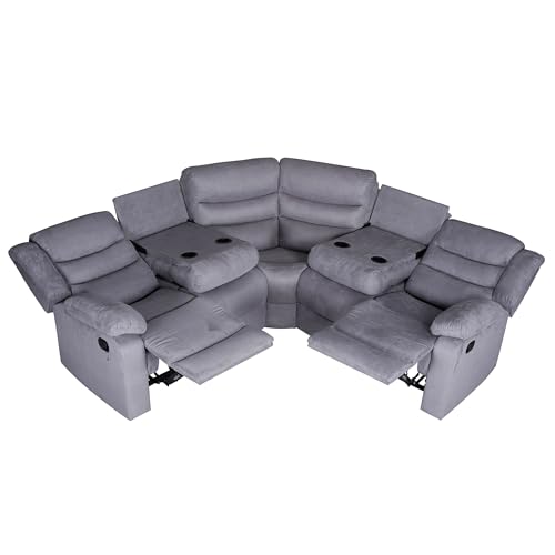 Recliner Sectional Sofa, Microfiber Manual Reclining Sectional Couch with Cup Holders, Living Room/Office (Grey)