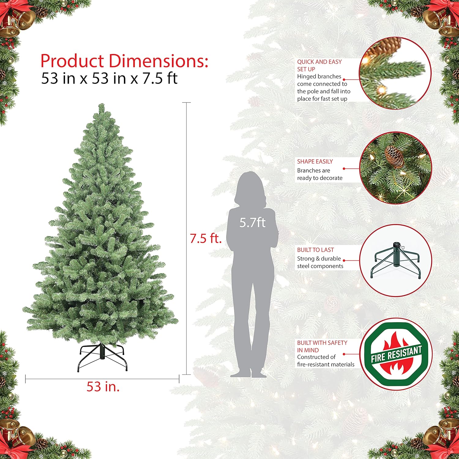 Puleo International 7.5' Pre Vermont Spruce Sure-Lit Pole and 550 UL-Listed Clear Incandescent Lights Artificial Christmas Tree, Green