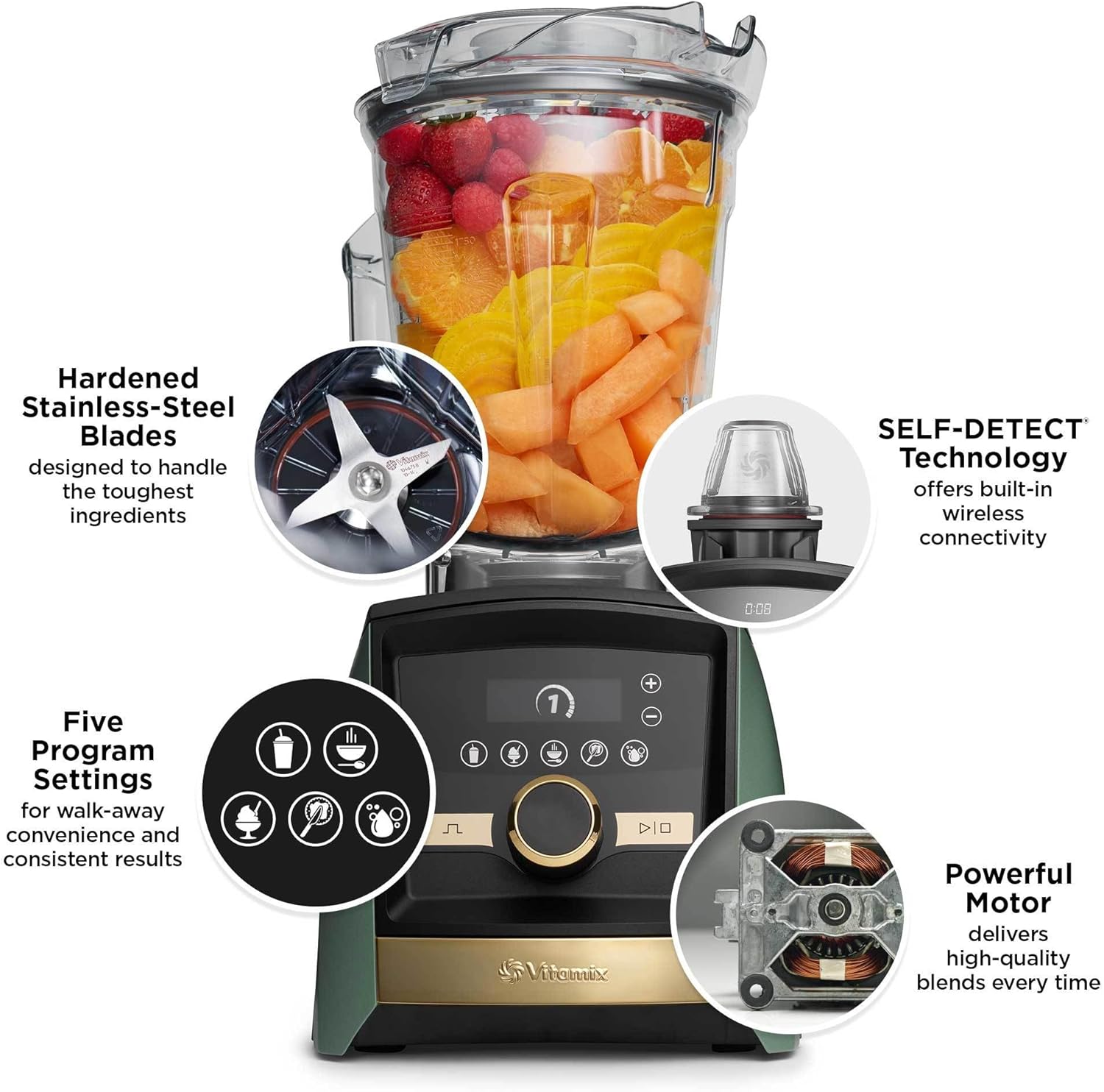 Vitamix A3500 Ascent Series Gold Label Smart Blender, Professional-Grade, 64 oz. Low-Profile Container, Matte Sage with Gold Accents