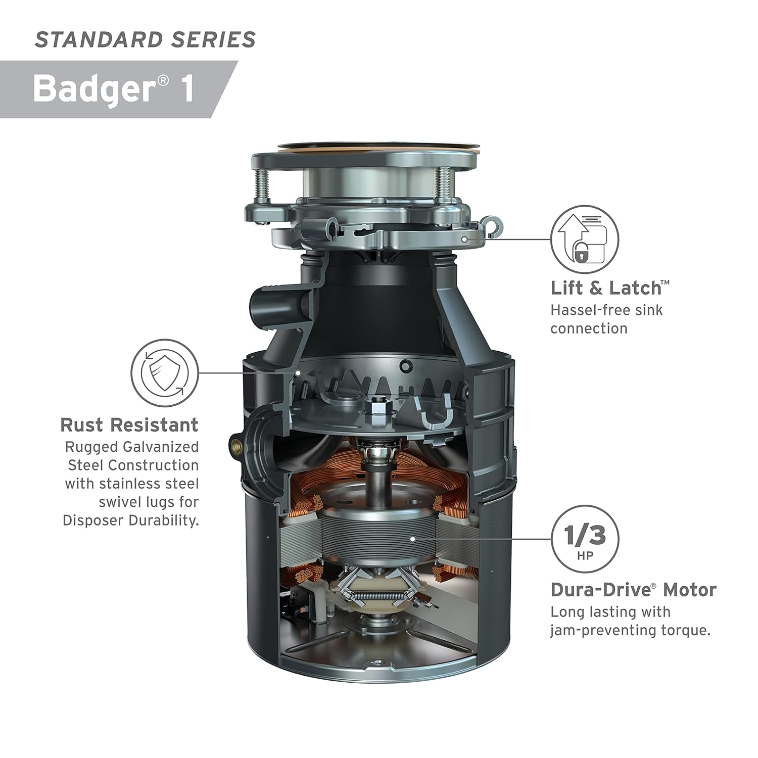 InSinkErator Garbage Disposal, Badger 1, Standard Series, 1/3 HP Continuous Feed, Black & Garbage Disposal with Power Cord, Badger 5, Standard Series, 1/2 HP Continuous Feed, Black
