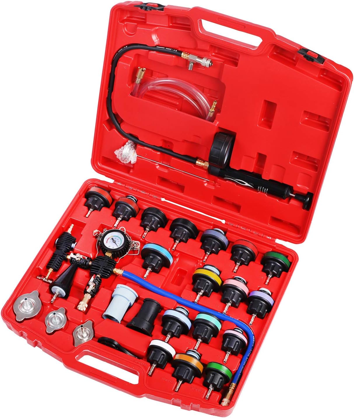 JIFETOR Radiator Coolant Pressure Tester Vacuum Refill Tool Kit, 28PCS Automotive Cooling System Leak Test and Pneumatic Purge Fill Set with Testing Adapter Caps Universal for Airlift Car Auto Truck
