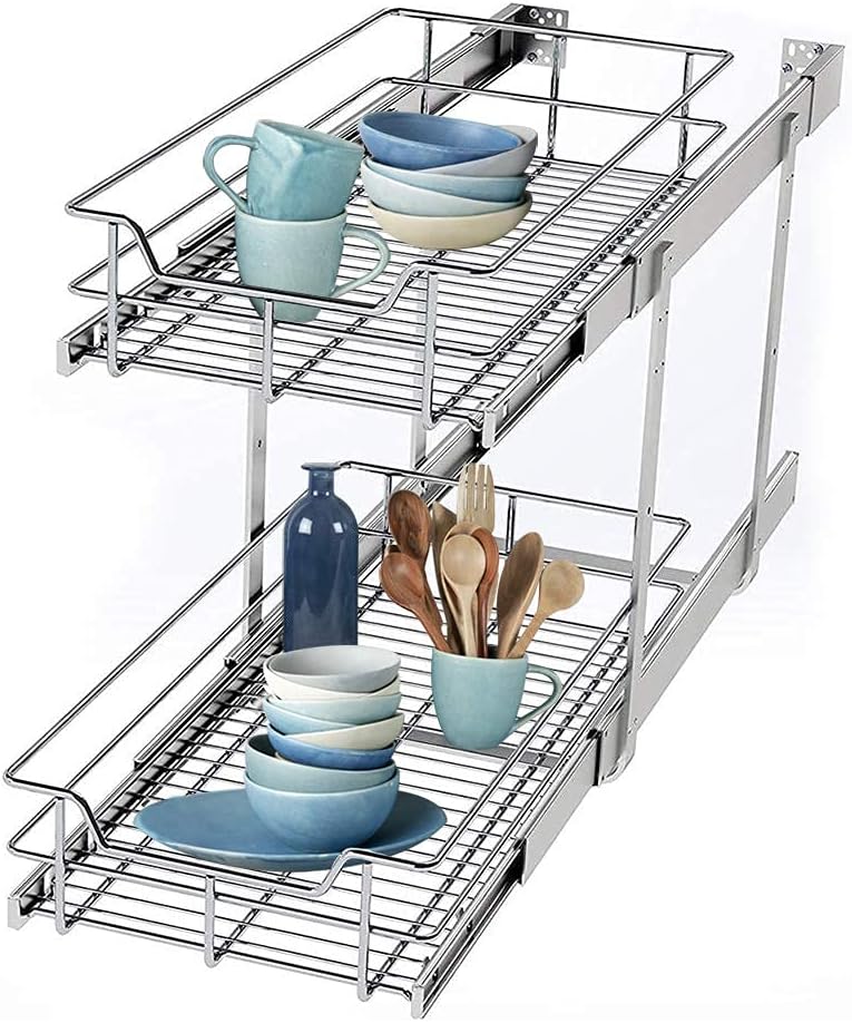 STORKING 2 Tier Wire Basket Pull Out Organizer Shelf Sliding Drawer Storage for Kitchen Base, Double-Tier Heavy Duty Cabinets Chrome-Plating, 11”W x 24”D Cabinet Opening Wire Frame Plating Finish