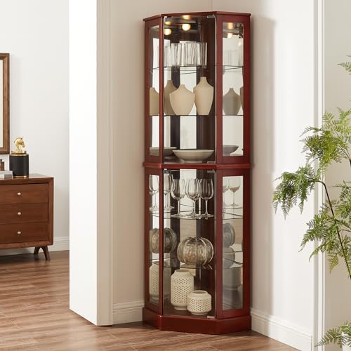 Goujxcy 72" Tall Corner Display Cabinet Lighted Curio Cabinet, 6-Tier Wood Curio Showcase Collection Art Display Case, Bar and Liquor Storage Area with Glass Doors and Adjustable Shelves (Cherry)
