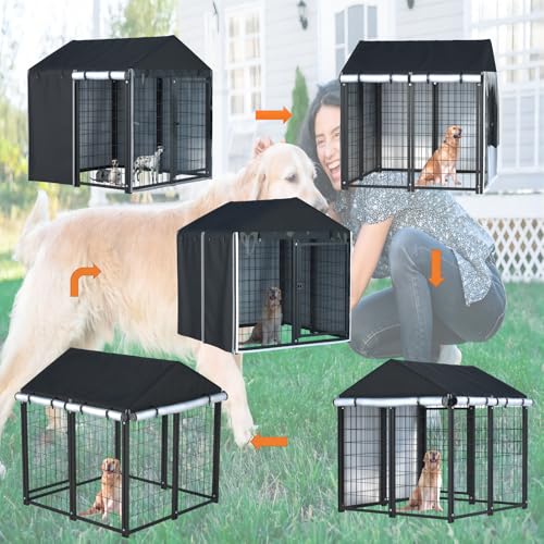 Outdoor Dog Kennel Cover - Full Coverage for 8'Dx4'Wx6'H Dog Cages, 600D Heavy Duty Waterproof Kennel Cover, Black