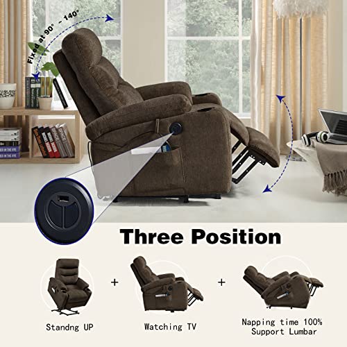 Lift Recliner Chair for Elderly,Power Vibration Massage Heated Arm Chair 2 Cup Holders,USB Charge Port,Fabric Single Sofa Seat Chair with 2 Side Pockets,Ergonomic Lounge Chair for Living Room (Brown)