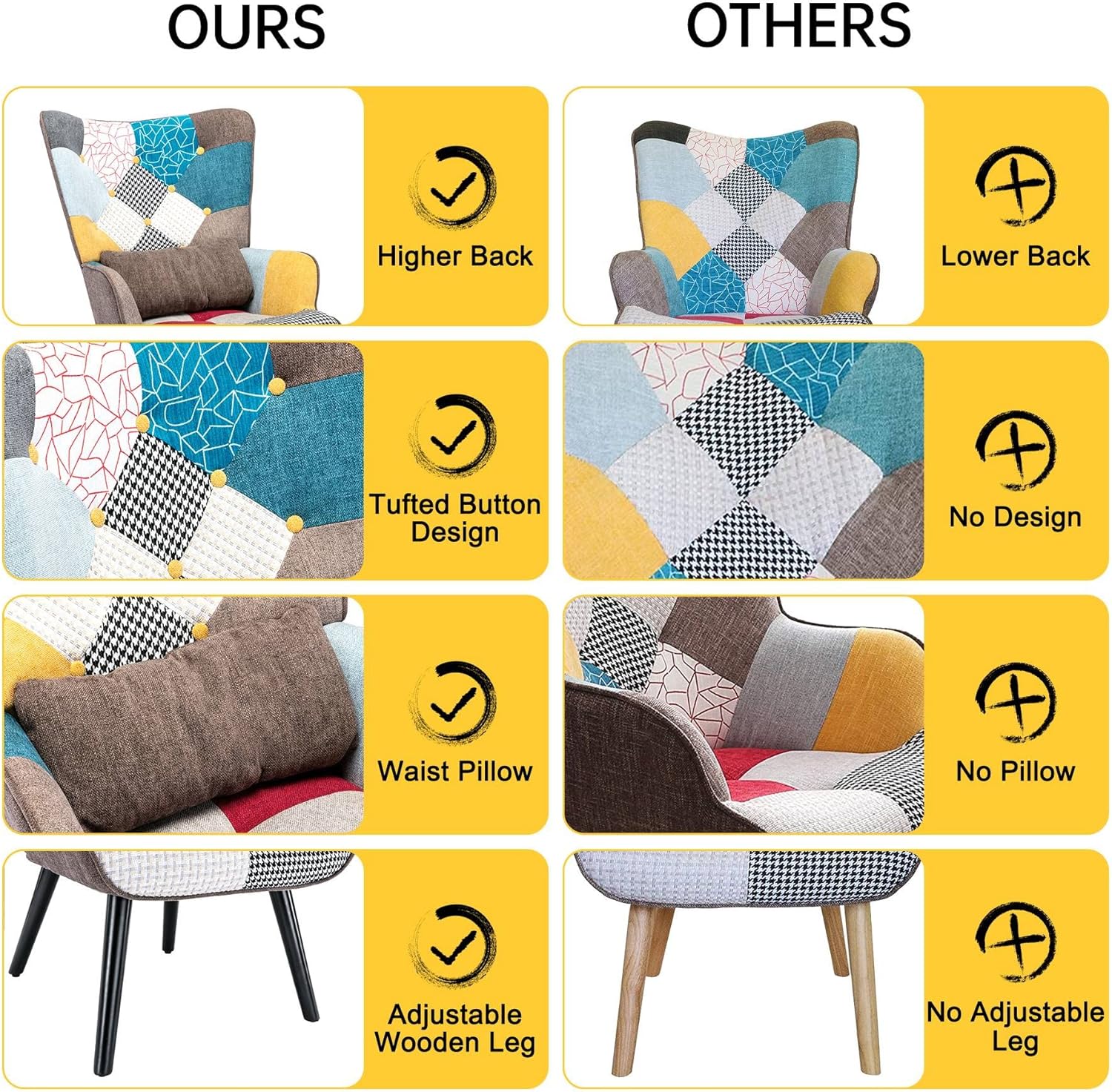 HomeMiYN Patchwork Accent Chair with Ottoman, Modern Colorful Reading Armchairs with Footrest, Splicing Wingback Chair with Wooden Legs for Living Room, Bedroom