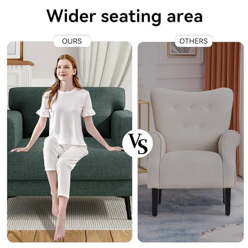 Oversized Accent Chair, Linen Fabric Mid Century Modern Chair with Solid Wood Frame and Soft Cushion, Upholstered Linen Fabric Armchair Reading Chairs for Living Room Bedroom, Yellow