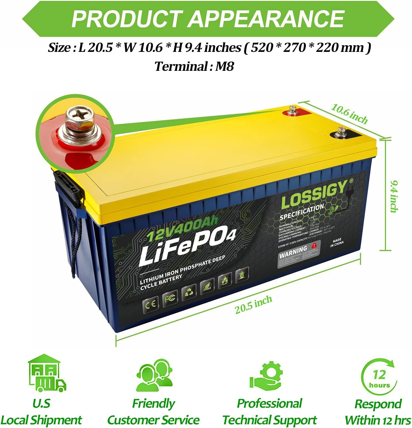 LOSSIGY LiFePO4 Battery 12V 200Ah Deep Cycle Lithium Ion Battery, Built-in 100A BMS, 4000+ Cycles, 280Amp Max, Perfectly replace all RV, Solar systems, Marine Batteries Application, Maintenance-Free
