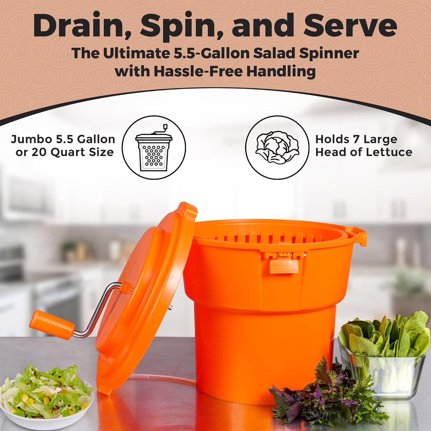 TK 5 Gallon/20 Qt Large Salad Spinner - 2024 Upgrade - 7 Heads of Lettuce - Commercial Manual Lettuce Spinner - 10 Second Dry Time, Heavy Duty Durable Salad Washer with Extended Draining Tube