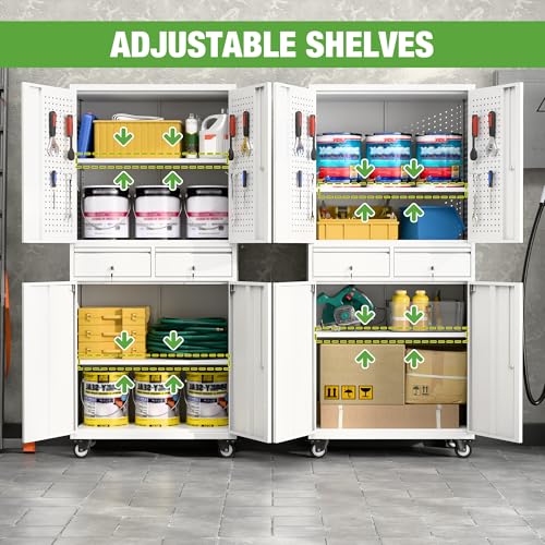 73" H Metal Storage Cabinet with Wheels, Garage Storage Cabinet with 4 Adjustable Shelves and Lockable Doors for Garage Home Office Utility Room,Required Assembly,Black
