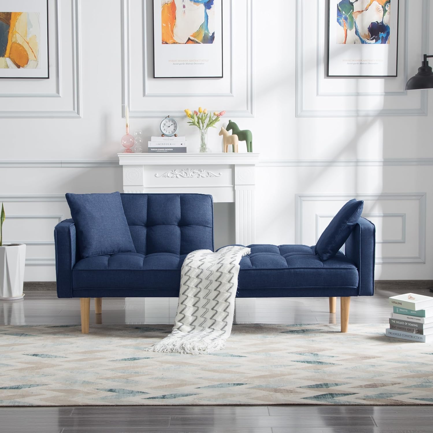 Sleeper 71.5" Tufted Futon Sofa Bed, Modern Fabric Folding Loveseat Couch Convertible Recliner Lounge with Wooden Legs and 2 Square Pillows for Living Room, Apartment, Office, Navy Blue