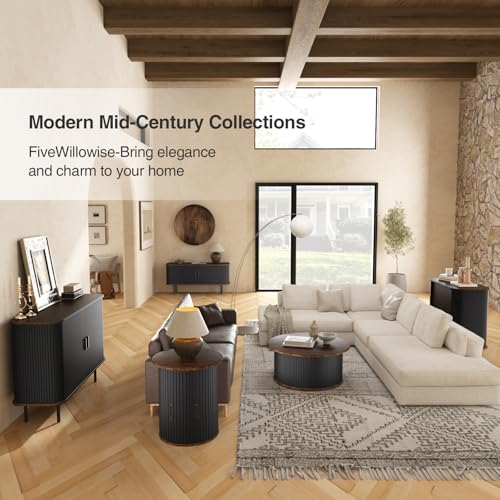 47''W Black Cabinet with Storage, Media Console, Tambour TV Stand, Television Stands with Curvy Edge & Sliding Door, Fluted Cabinet, Buffet Sideboard, Credenza, Table Stand for Living Room, Kitchen