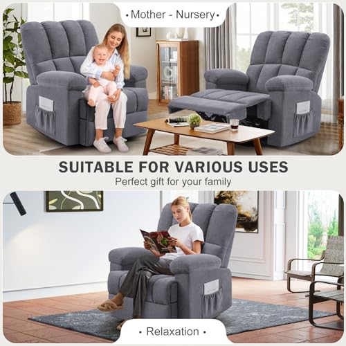 CDCASA Oversized Swivel Rocker Recliner Chair, Chenille 360° Swivel Glider Rocking Chairs for Big Man, Manual Reclining Sofa Chair for Living Room, Theater, Nursery,1PC,Grey