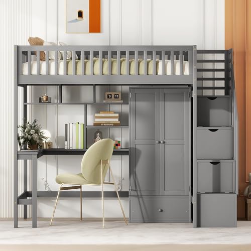 Full Size Loft Bed with Wardrobe Desk Storage Stairs, Wood Loft Bed Frame with Bookcase and Drawers, High Loft Bedframe for Kids Teens Adults, No Box Spring Needed, Espresso